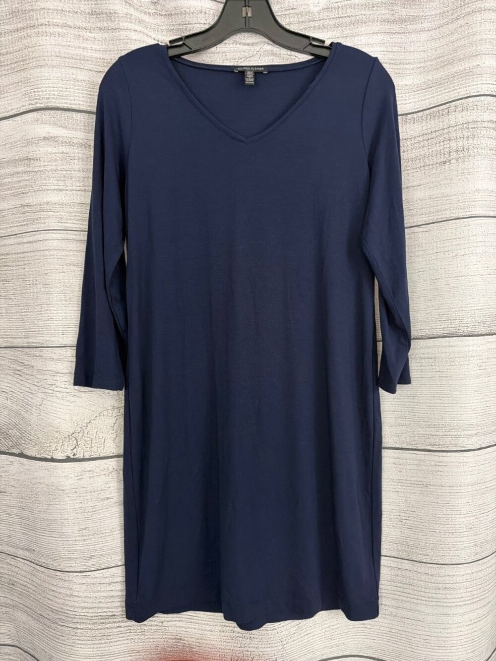 Eileen Fisher Navy Viscose Jersey V-Neck Shift Dress Size PM